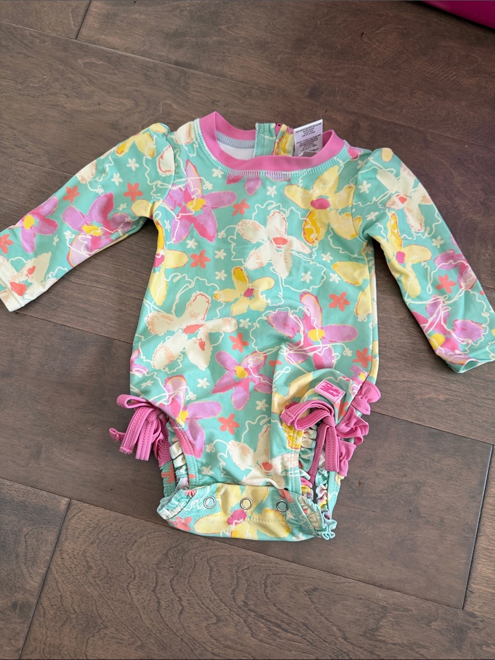Ruffle Butts Floral Long-Sleeve One-Piece Swimsuit - Mint, Pink & Yellow